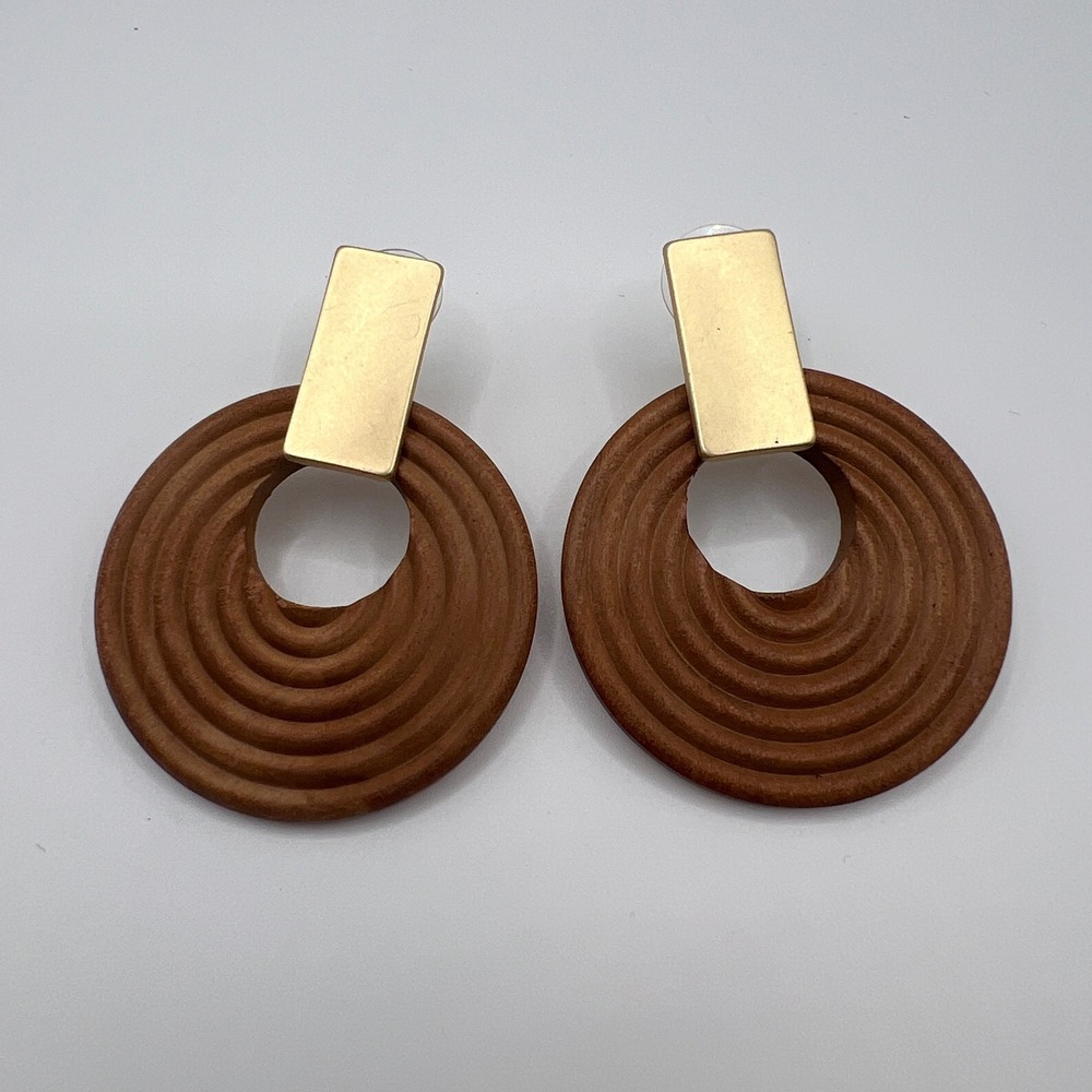Boho Gold Tone Wood Textured Circle Drop Earrings Brown Geometric Statement Post